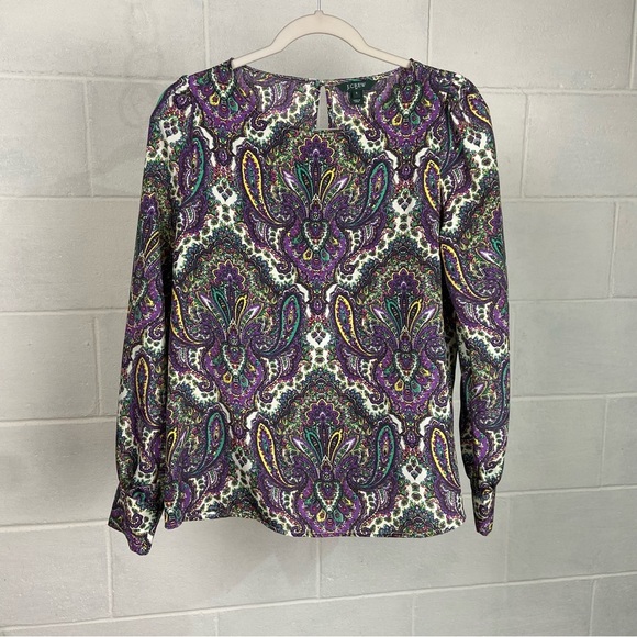 J. Crew Tops - J. Crew Women's Pullover Long Sleeve Blouse‎ Puff Sleeves SMALL Purple Paisley